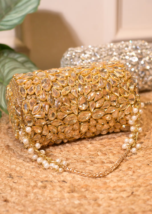 Golden Cylindrcal Studded Clutch Bag