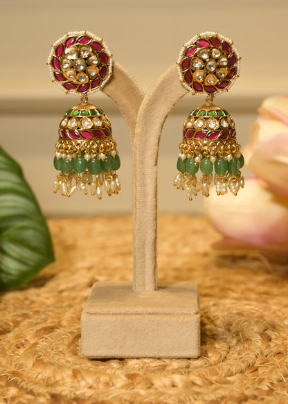 Antique Gold Kundan Jhumka with Ruby Pink Stones and Emerald Pearl Drops Earrings