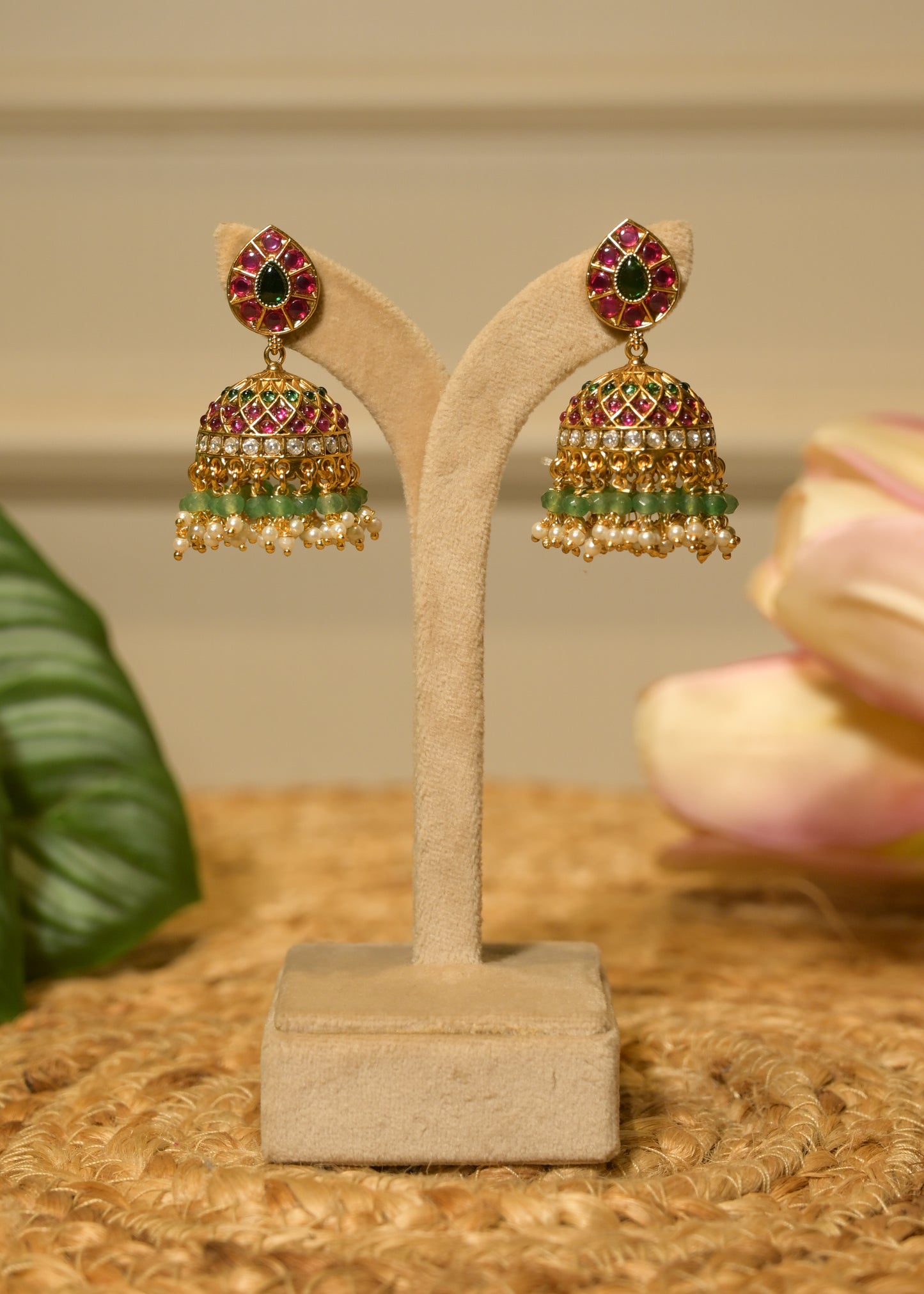 Gold & Ruby Jhumka Pearl Drop Earrings