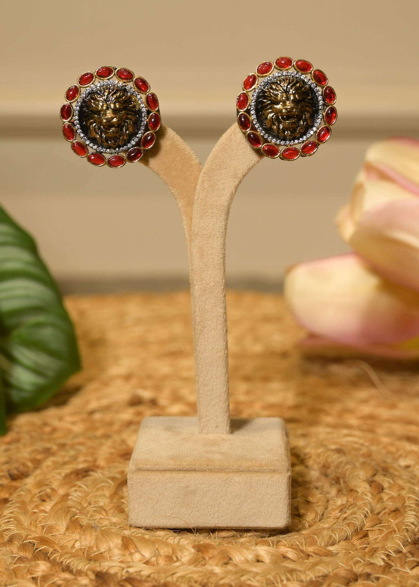 Crimson Red Lion Head Stud Earrings