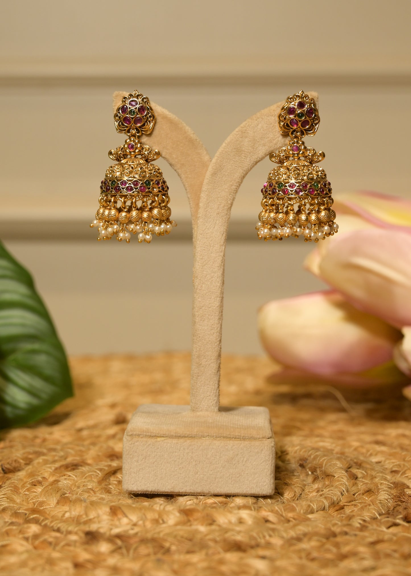 Noor Ruby Temple Pearl Jhumka Earnings