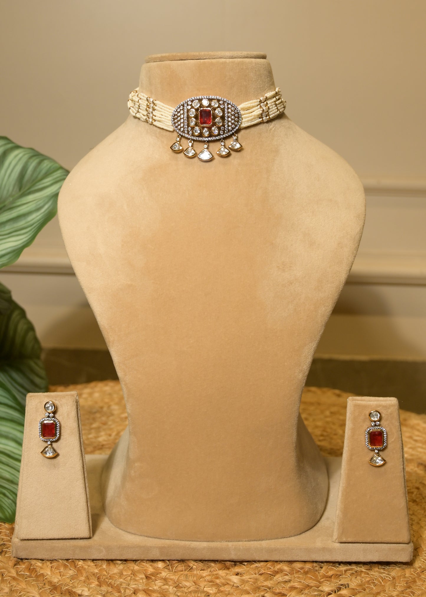 Ruby Red Pearl & Stud Choker Set