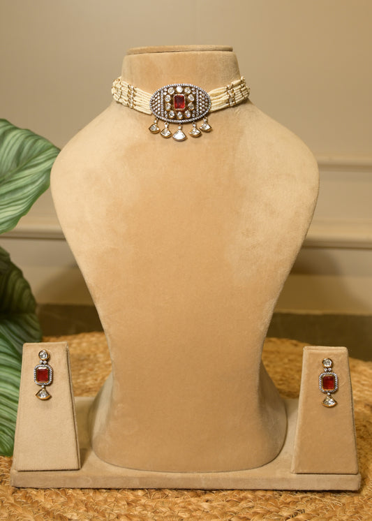 Ruby Red Pearl & Stud Choker Set