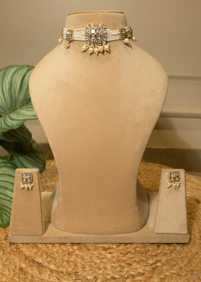 Pearl White Stud & Polki Choker Set
