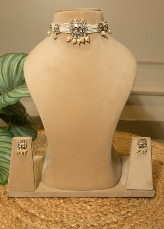 Pearl White Stud & Polki Choker Set