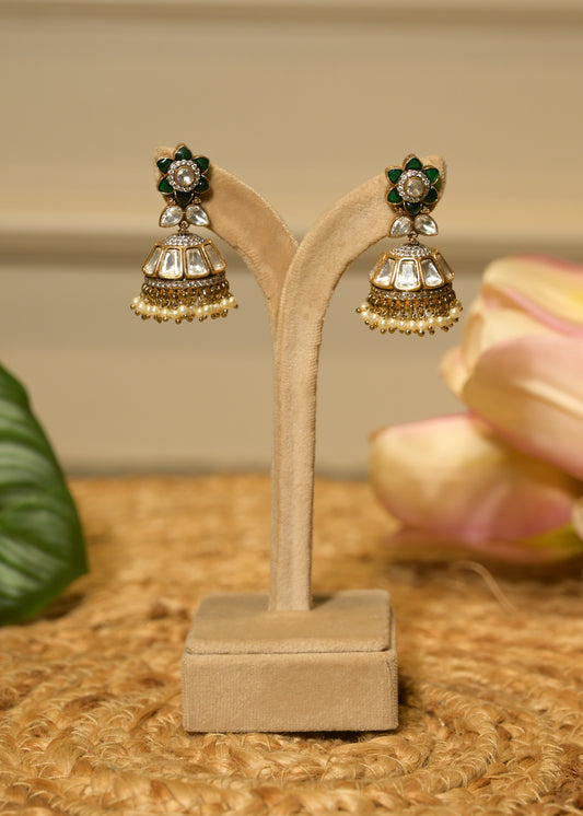 Green Small Mirror & Kundan Jhumka Earrings