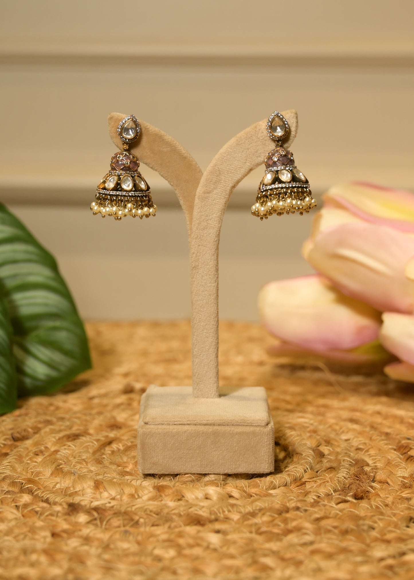 Lavender Kundan Small Mirror & Kundan Jhumka Earrings