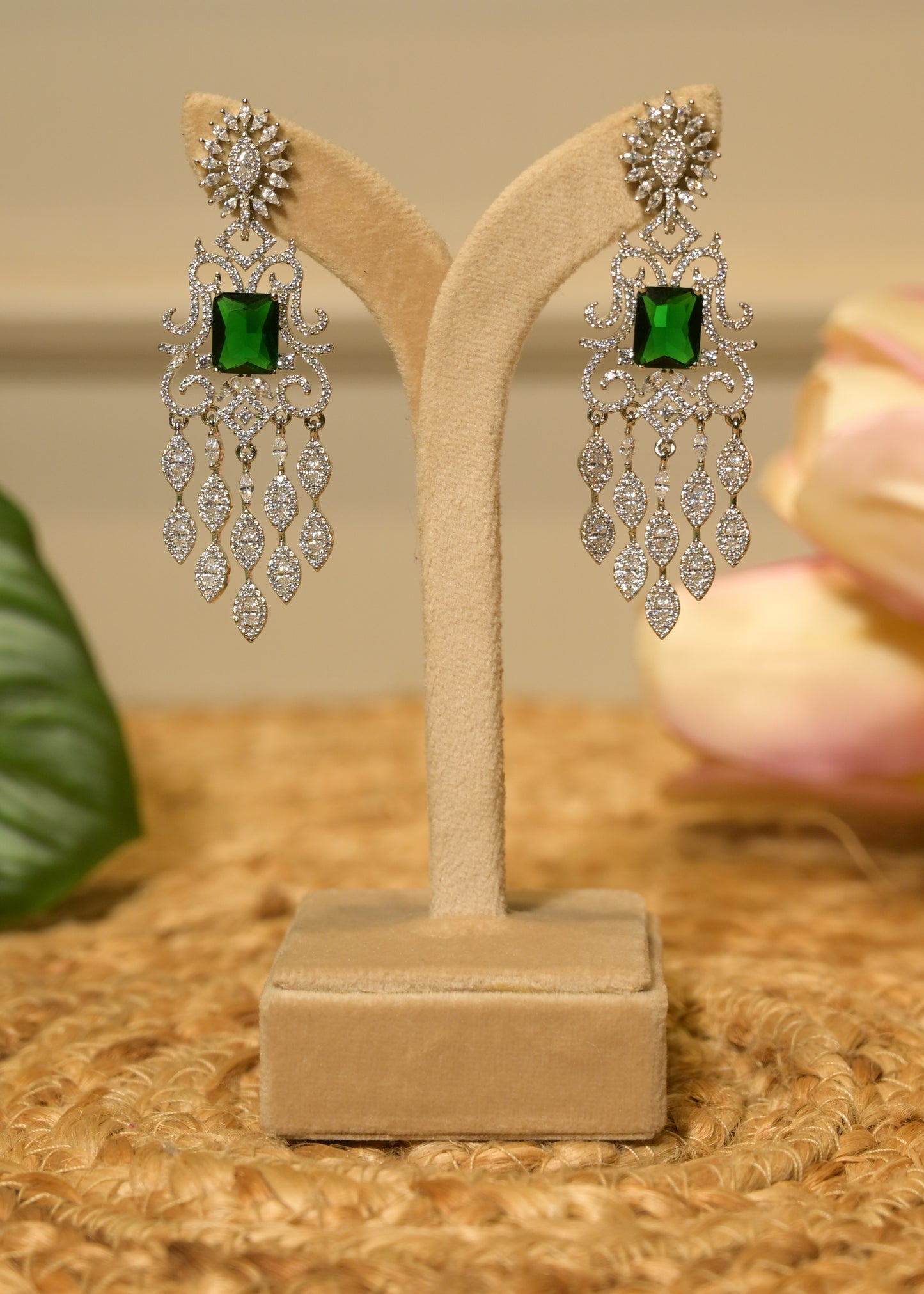 Emerald & Silver Luxe AD Diamond Earrings