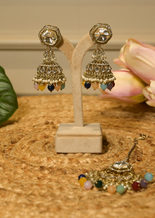 Multi Coloured Polki Jhumka with Tikka Set