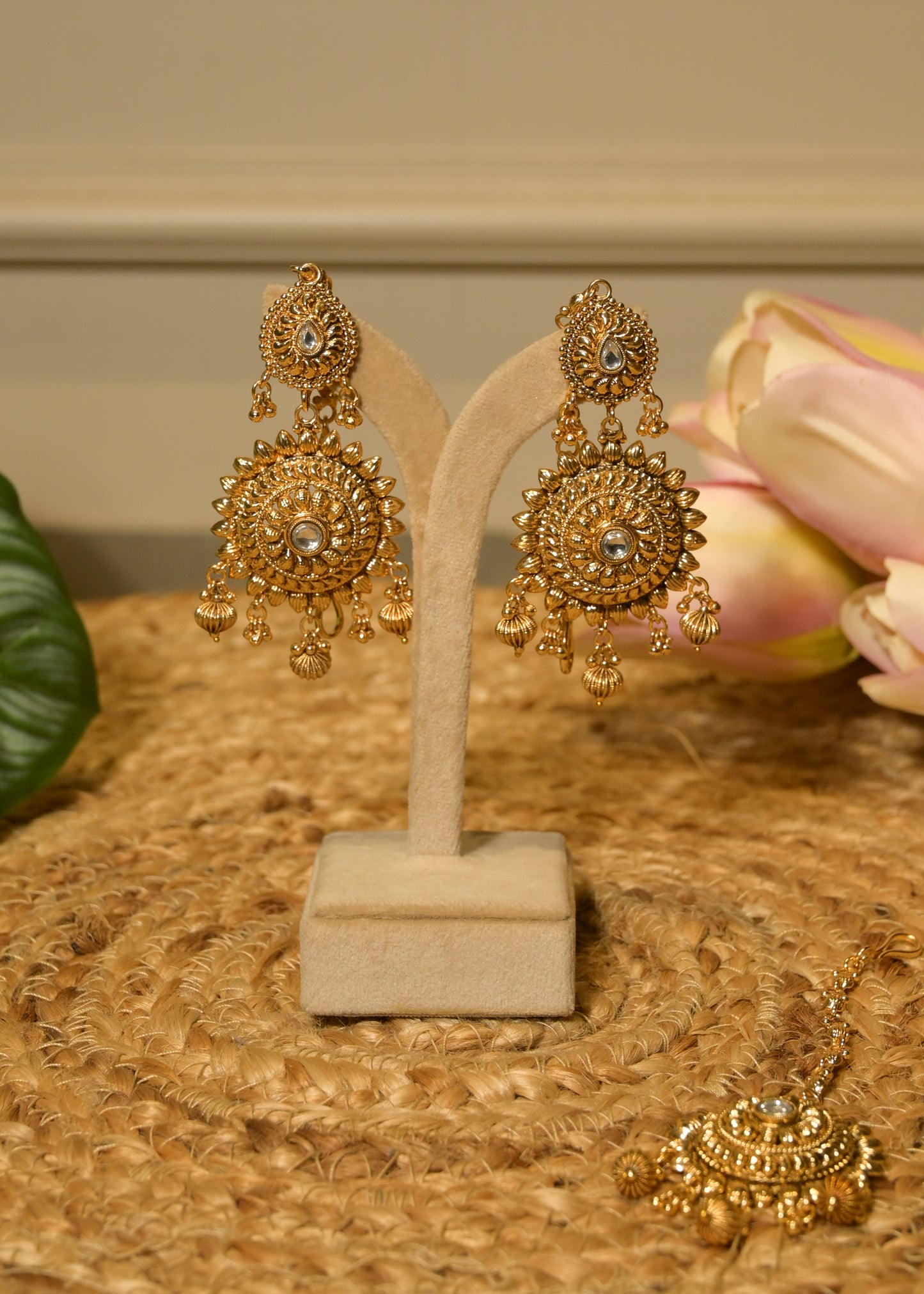 Gold Mandala Jhumkas with Tikka Set
