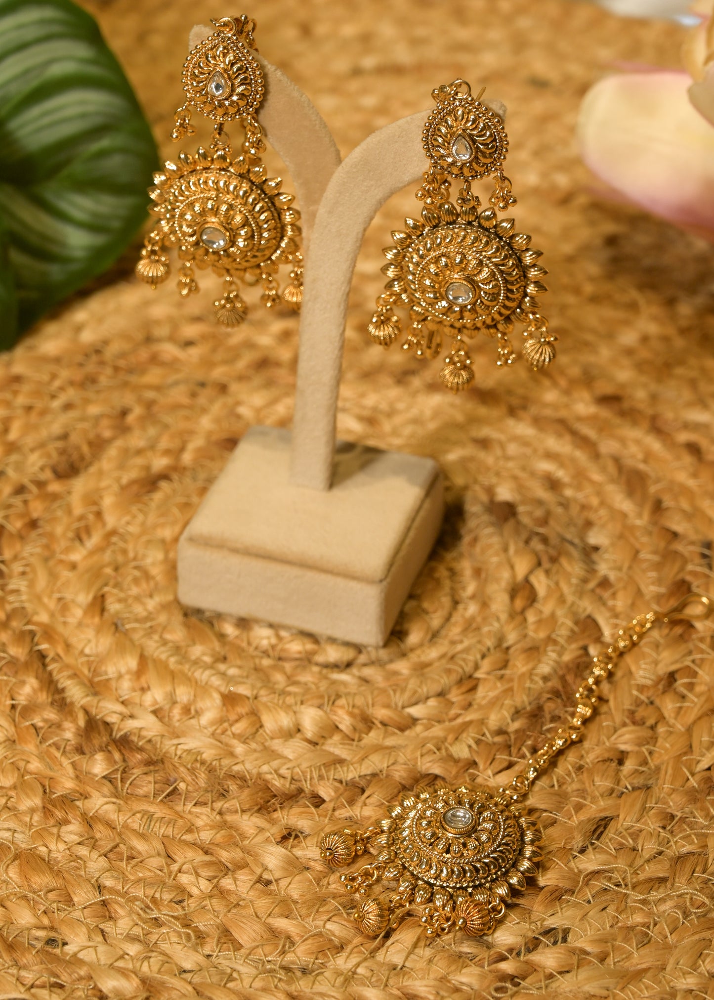Gold Mandala Jhumkas with Tikka Set