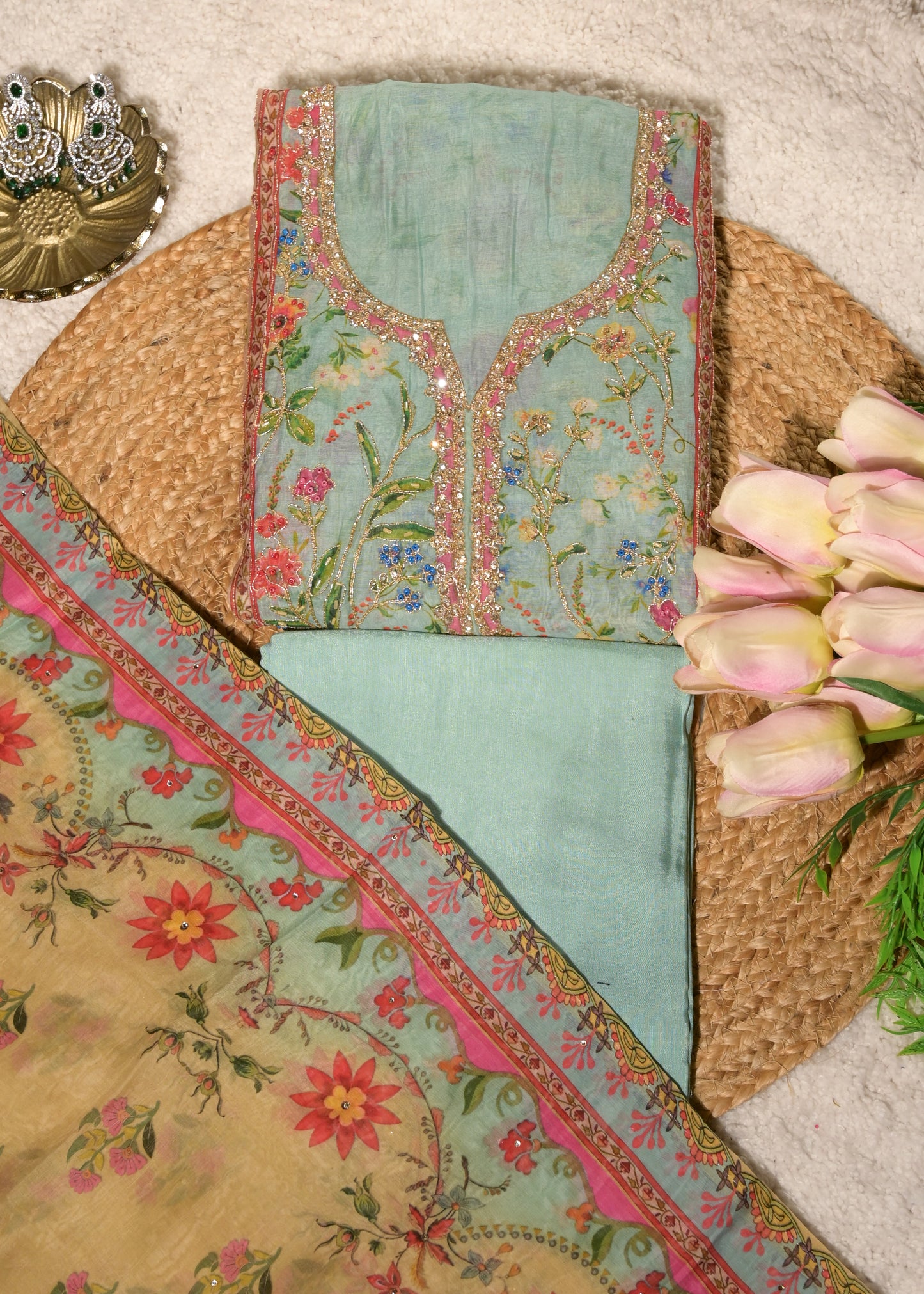 Gulnaar Blue Cotton Floral Suit Set