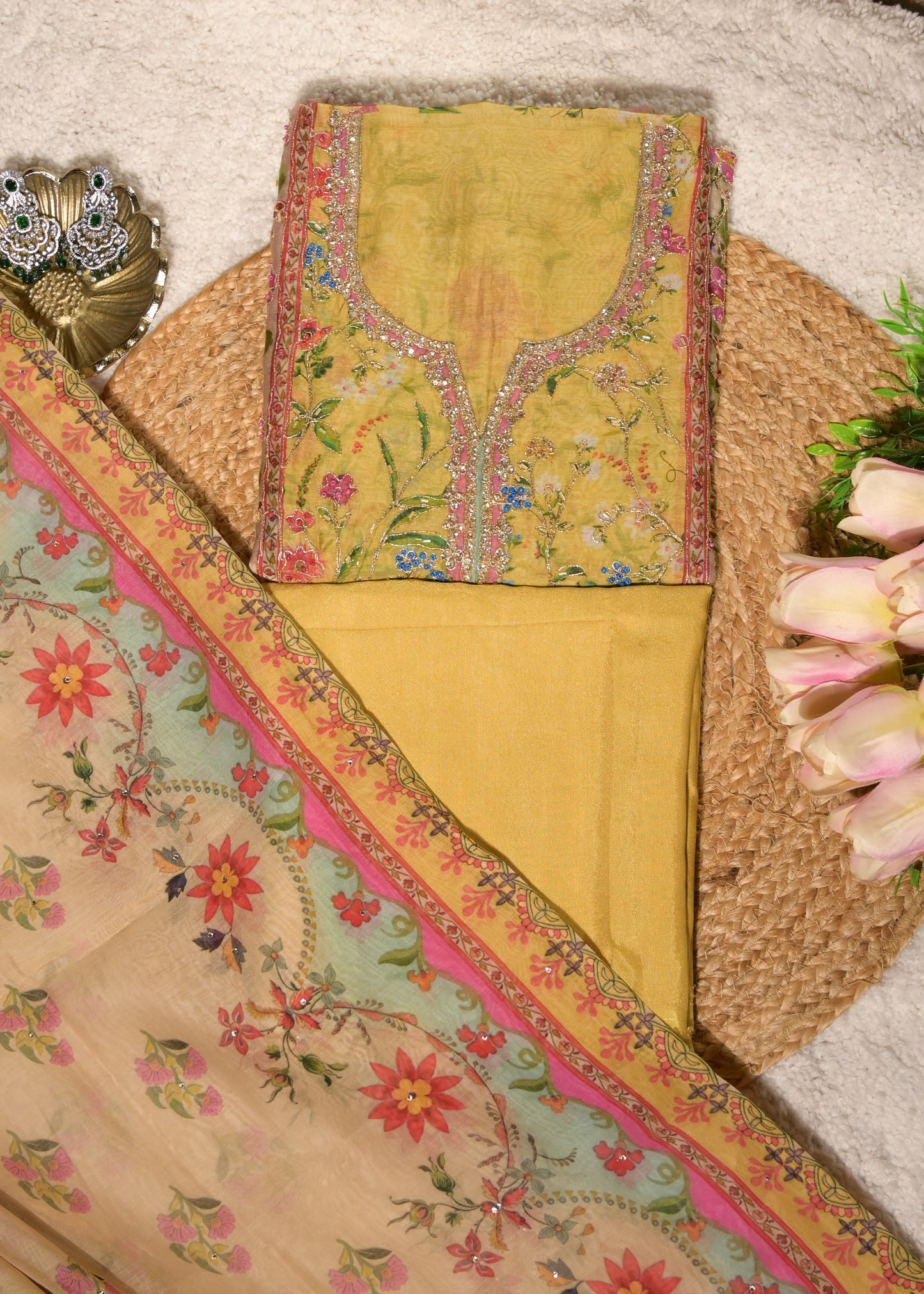 Gulnaar Yellow Cotton Floral Suit Set