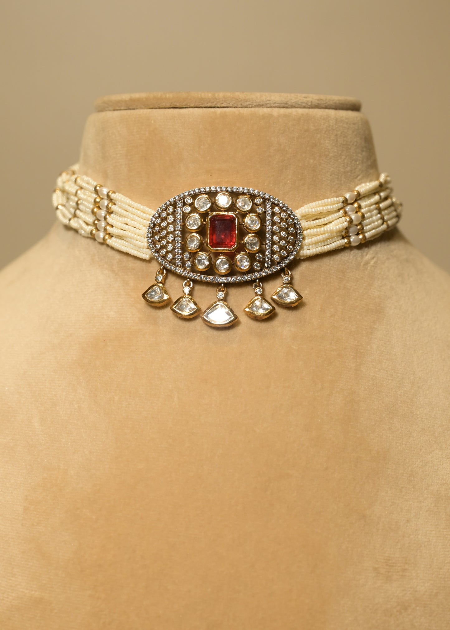 Ruby Red Pearl & Stud Choker Set