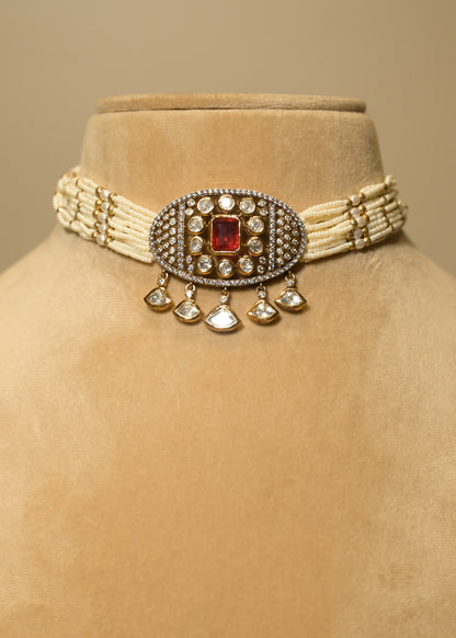 Ruby Red Pearl & Stud Choker Set