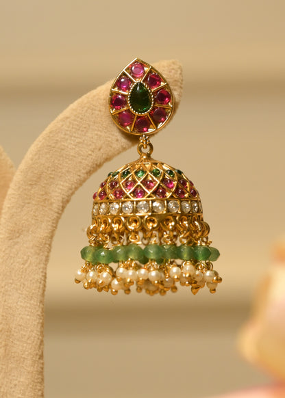 Gold & Ruby Jhumka Pearl Drop Earrings