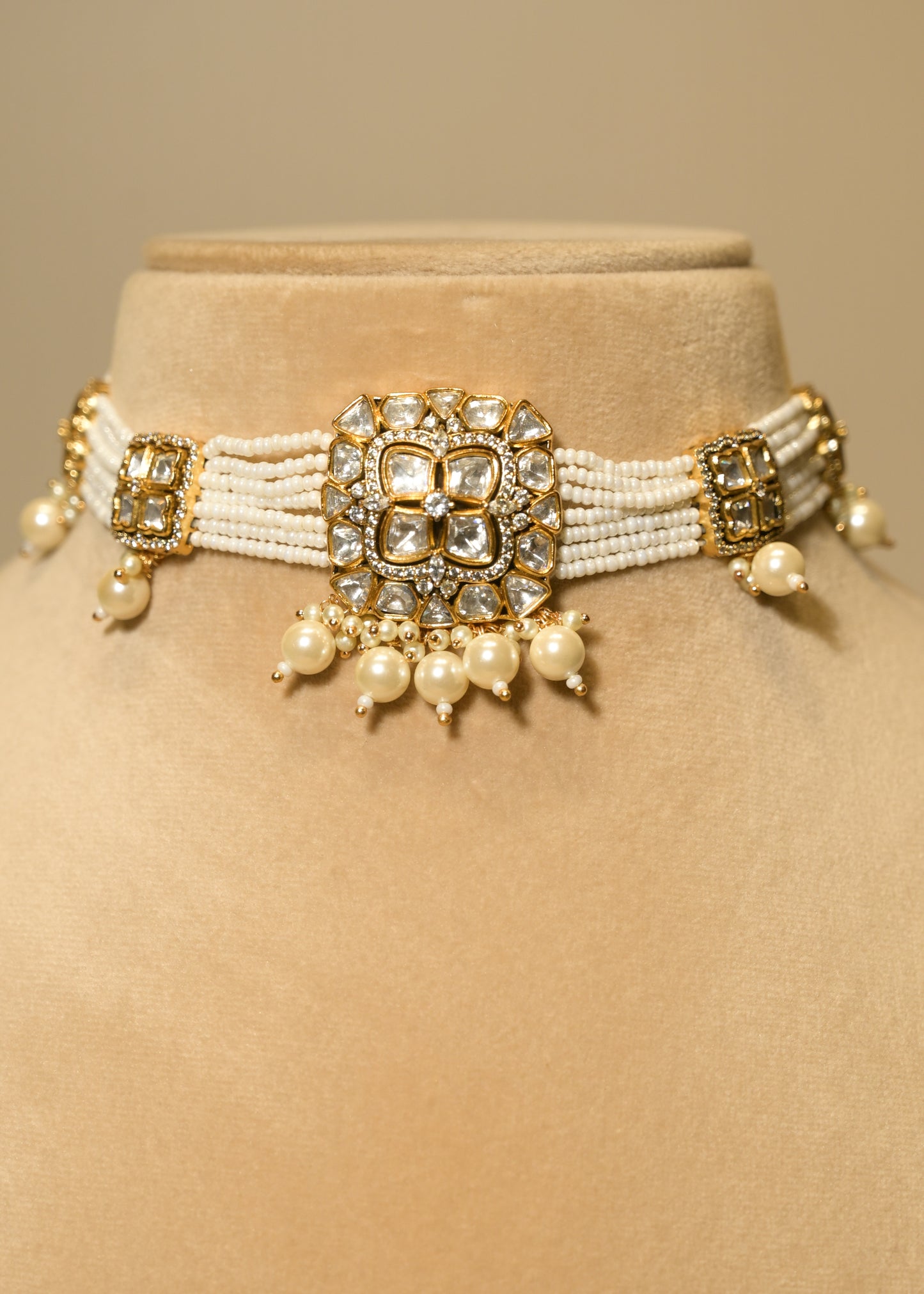 Pearl White Stud & Polki Choker Set