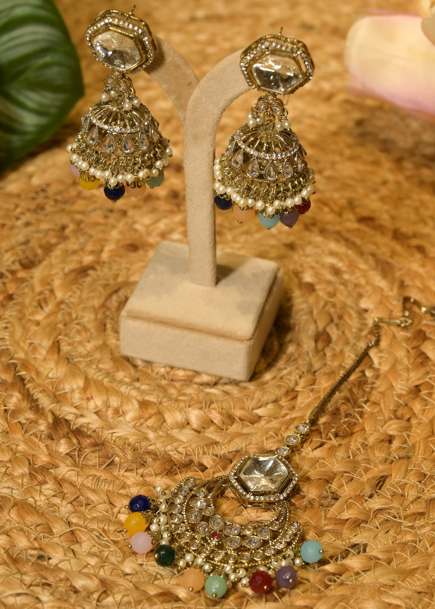 Multi Coloured Polki Jhumka with Tikka Set