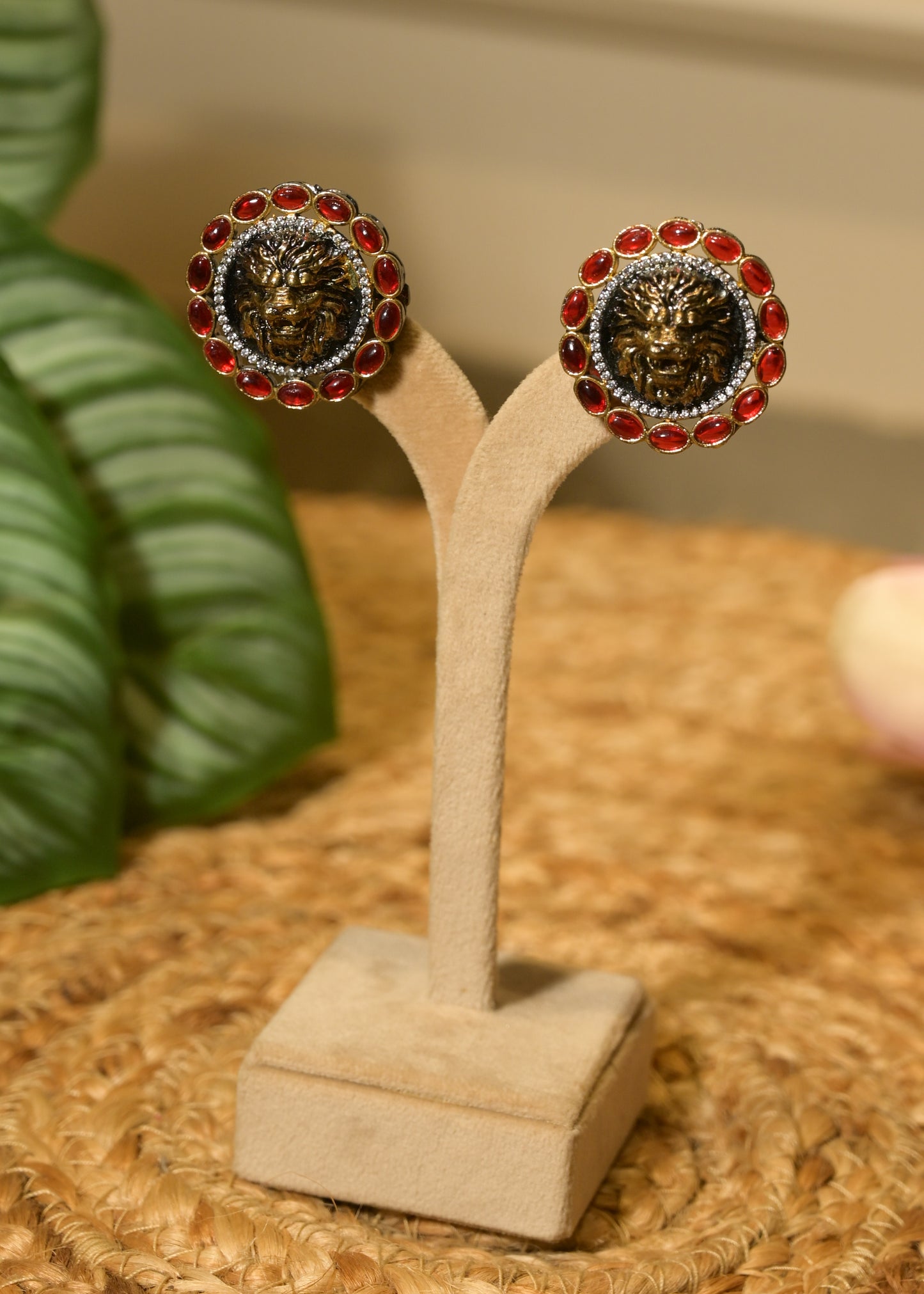 Crimson Red Lion Head Stud Earrings