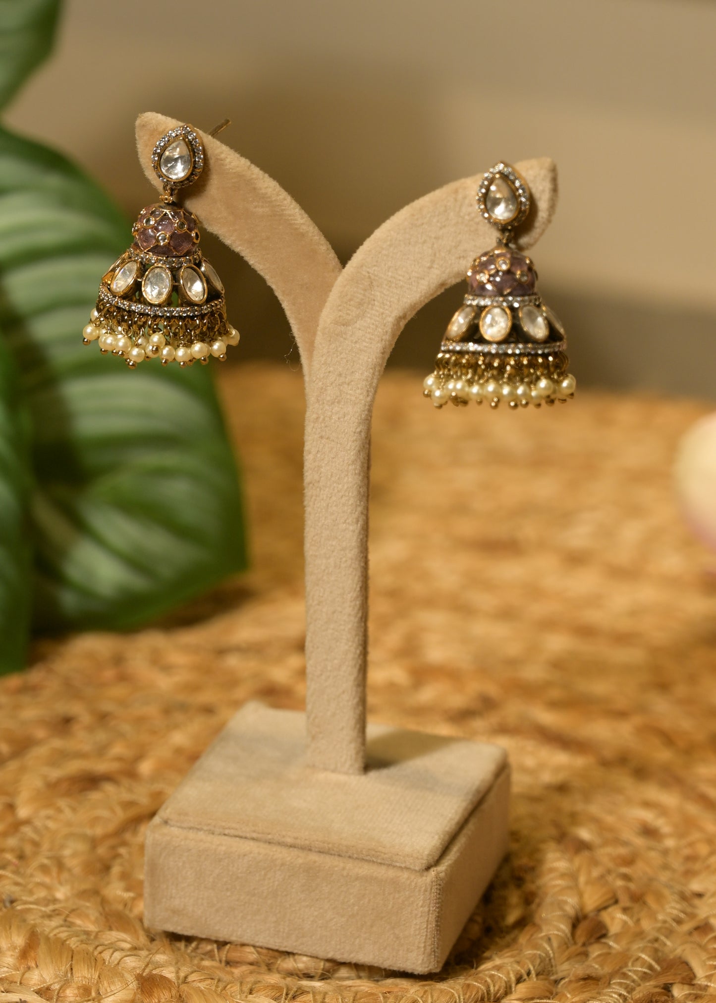 Lavender Kundan Small Mirror & Kundan Jhumka Earrings