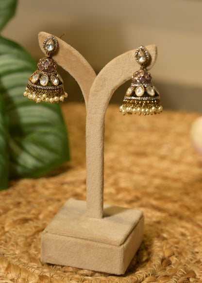 Lavender Kundan Small Mirror & Kundan Jhumka Earrings