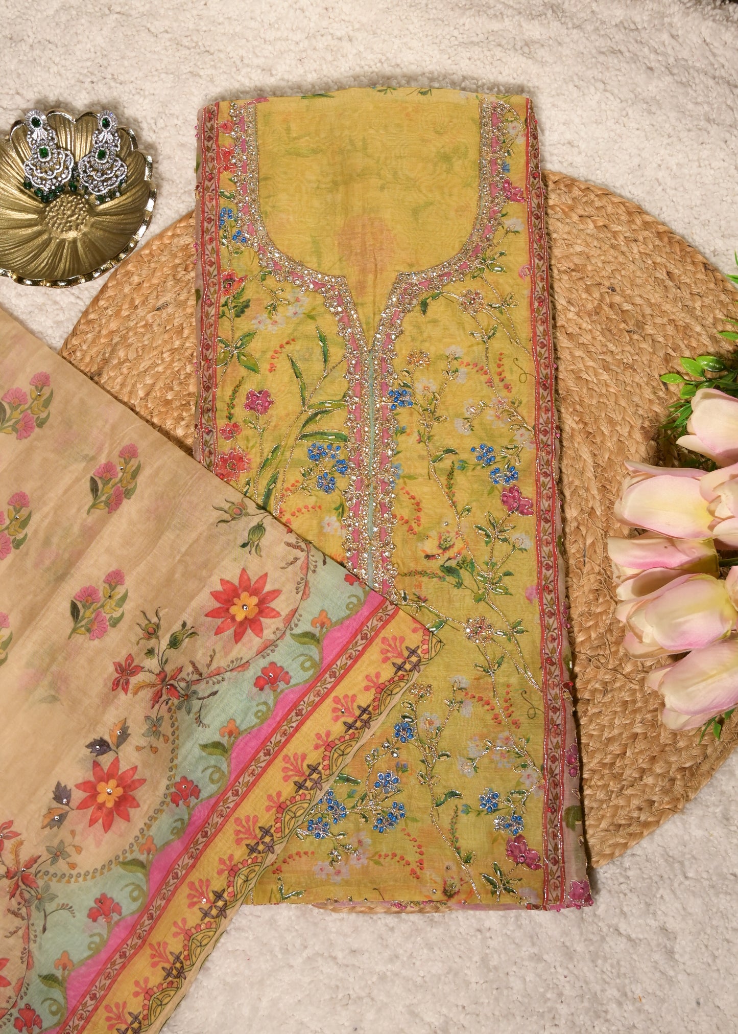 Gulnaar Yellow Cotton Floral Suit Set