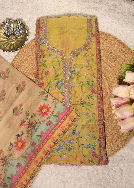 Gulnaar Yellow Cotton Floral Suit Set