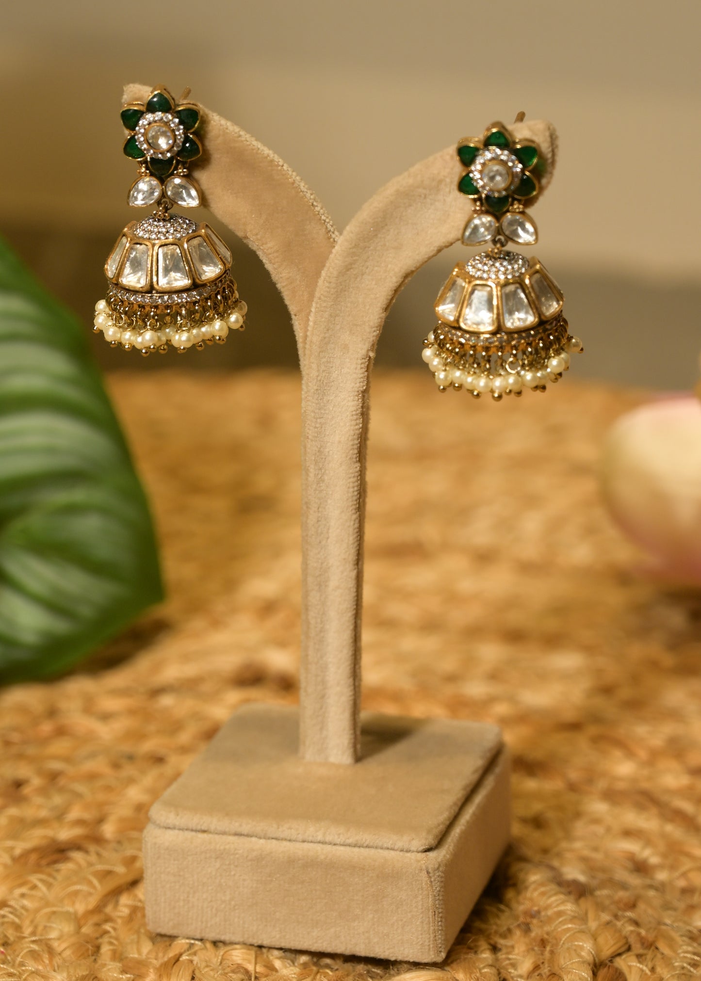 Green Small Mirror & Kundan Jhumka Earrings