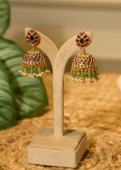 Gold & Ruby Jhumka Pearl Drop Earrings