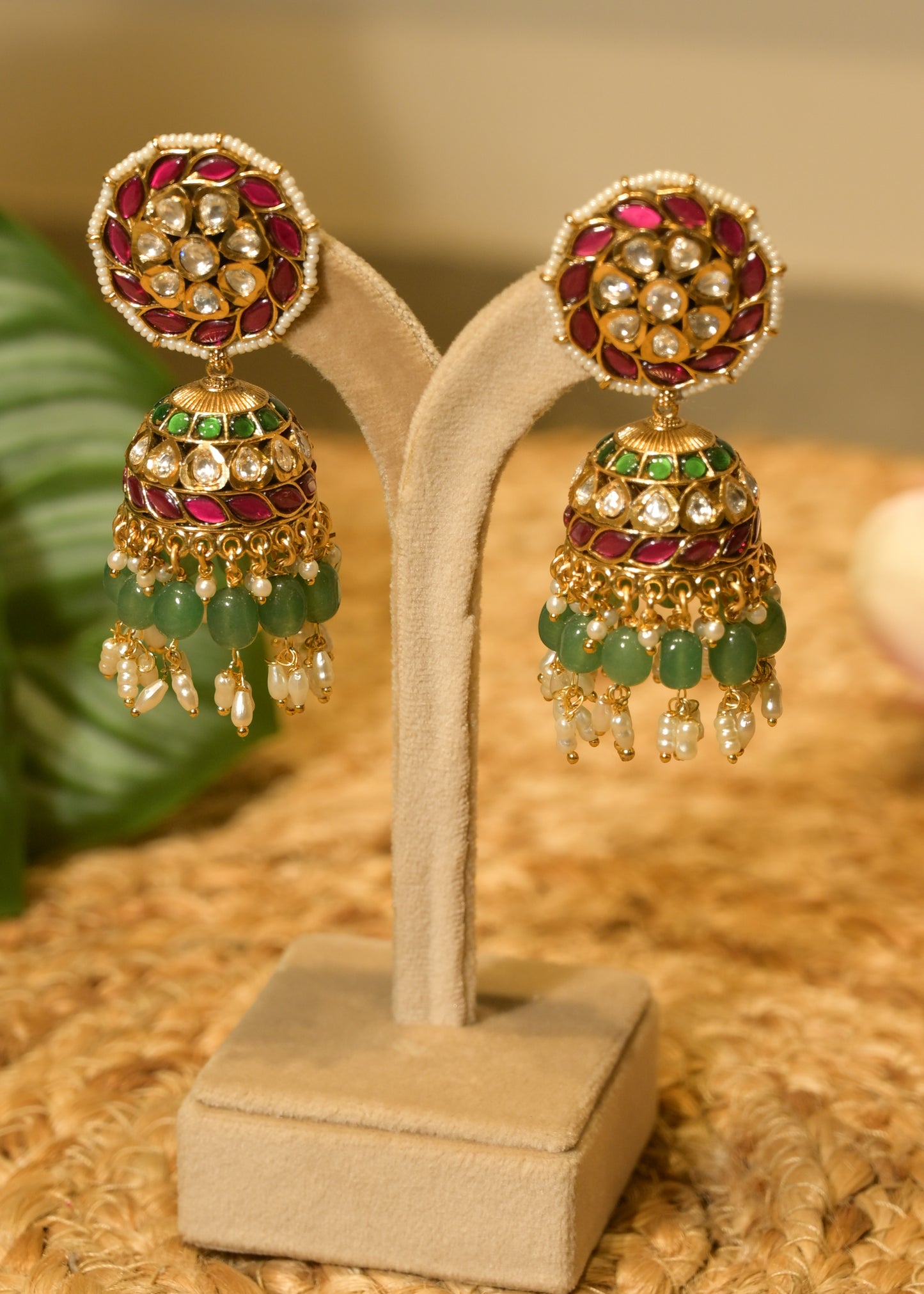 Antique Gold Kundan Jhumka with Ruby Pink Stones and Emerald Pearl Drops Earrings