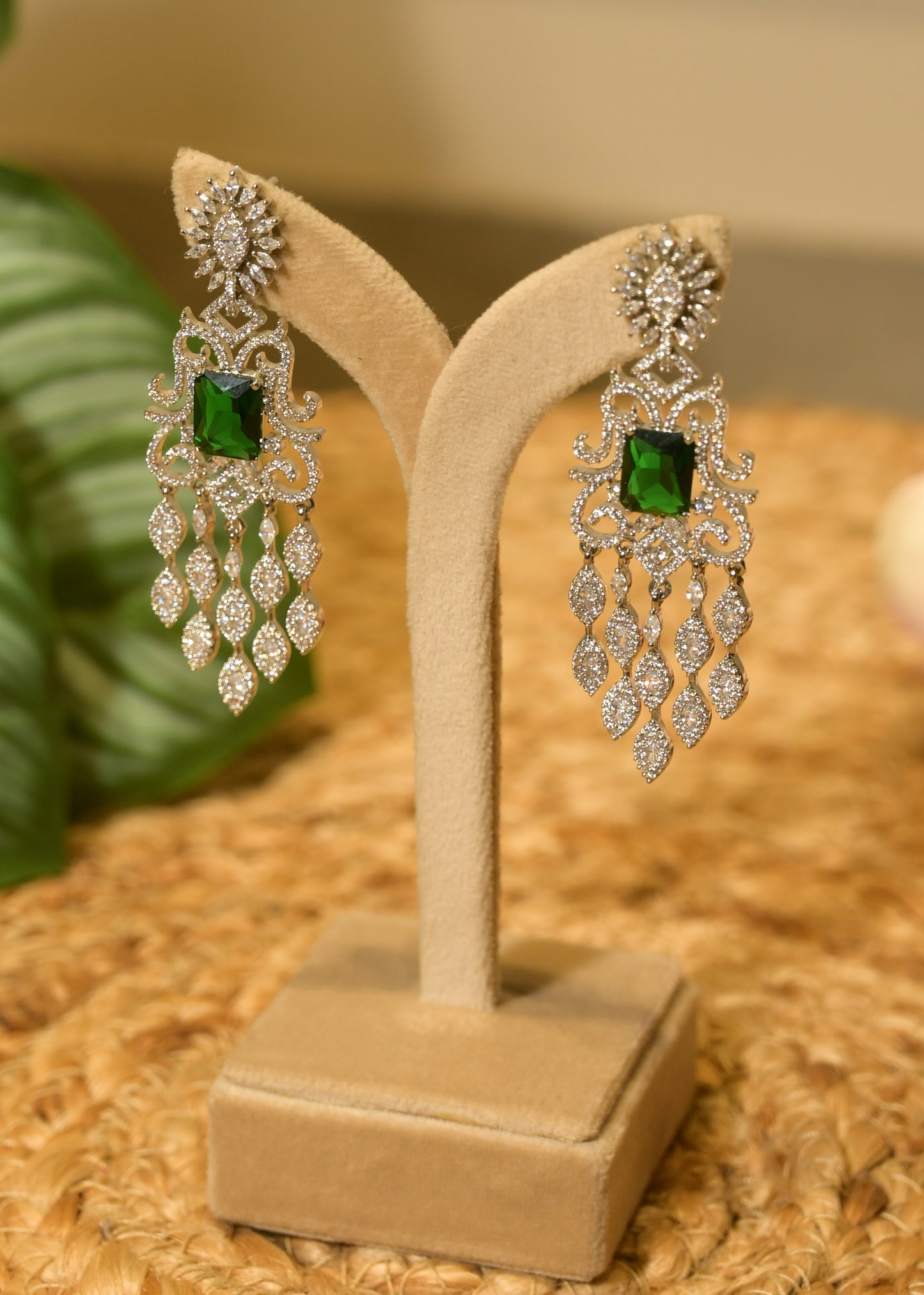 Emerald & Silver Luxe AD Diamond Earrings