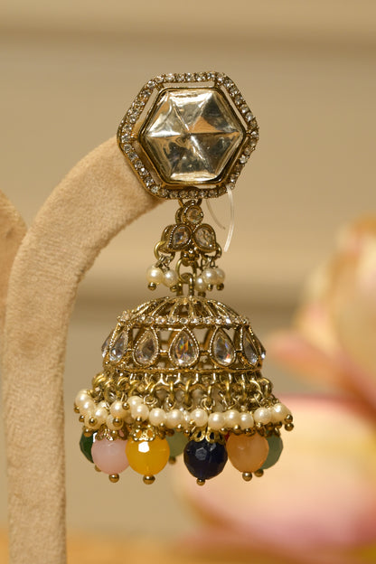 Multi Coloured Polki Jhumka with Tikka Set