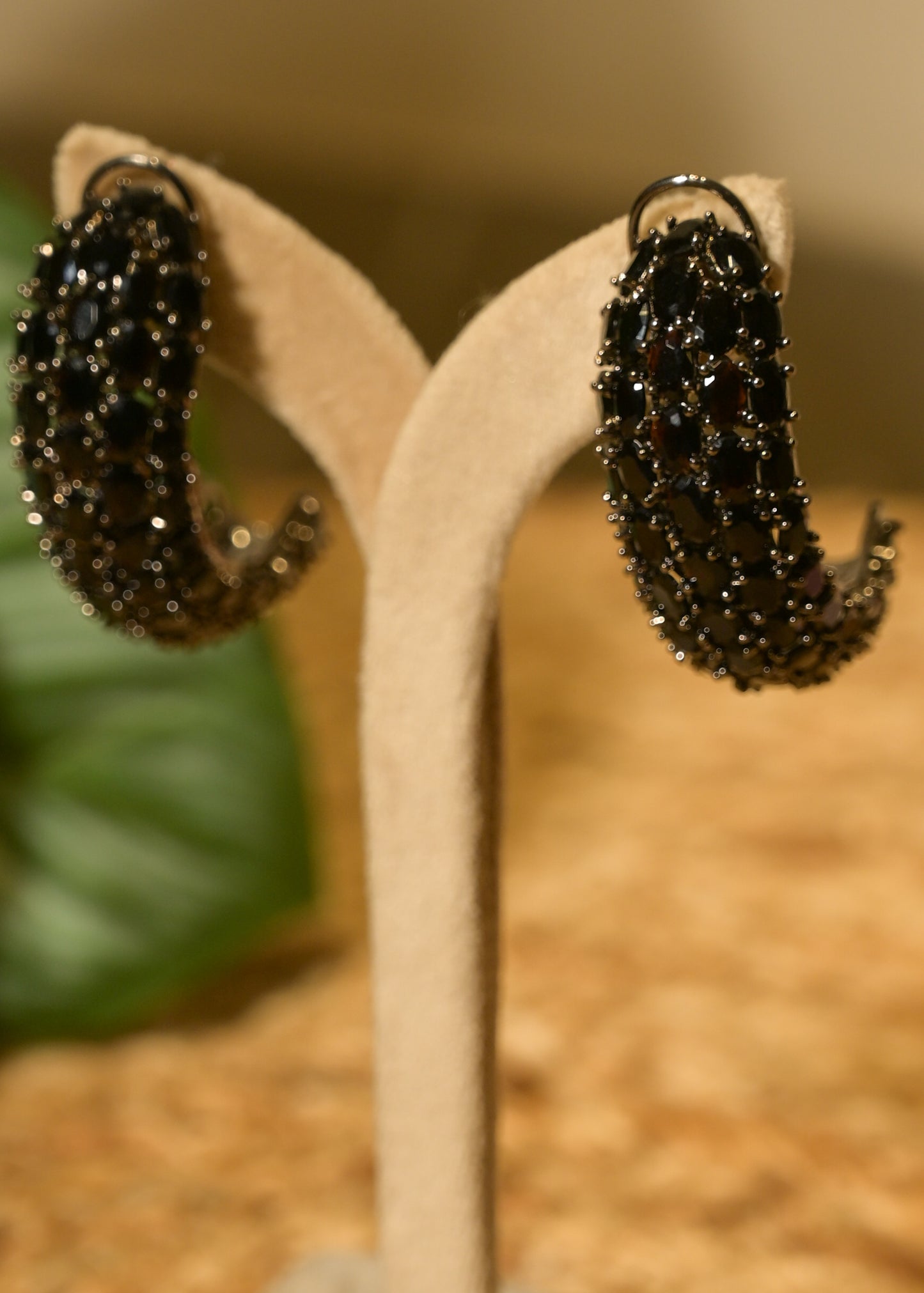 Black Crystal Oval Hoop Earrings