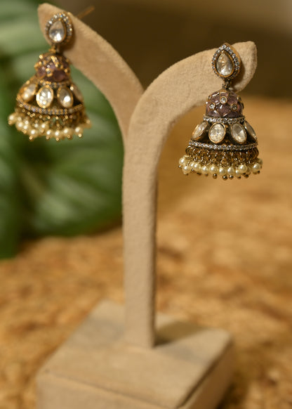 Lavender Kundan Small Mirror & Kundan Jhumka Earrings