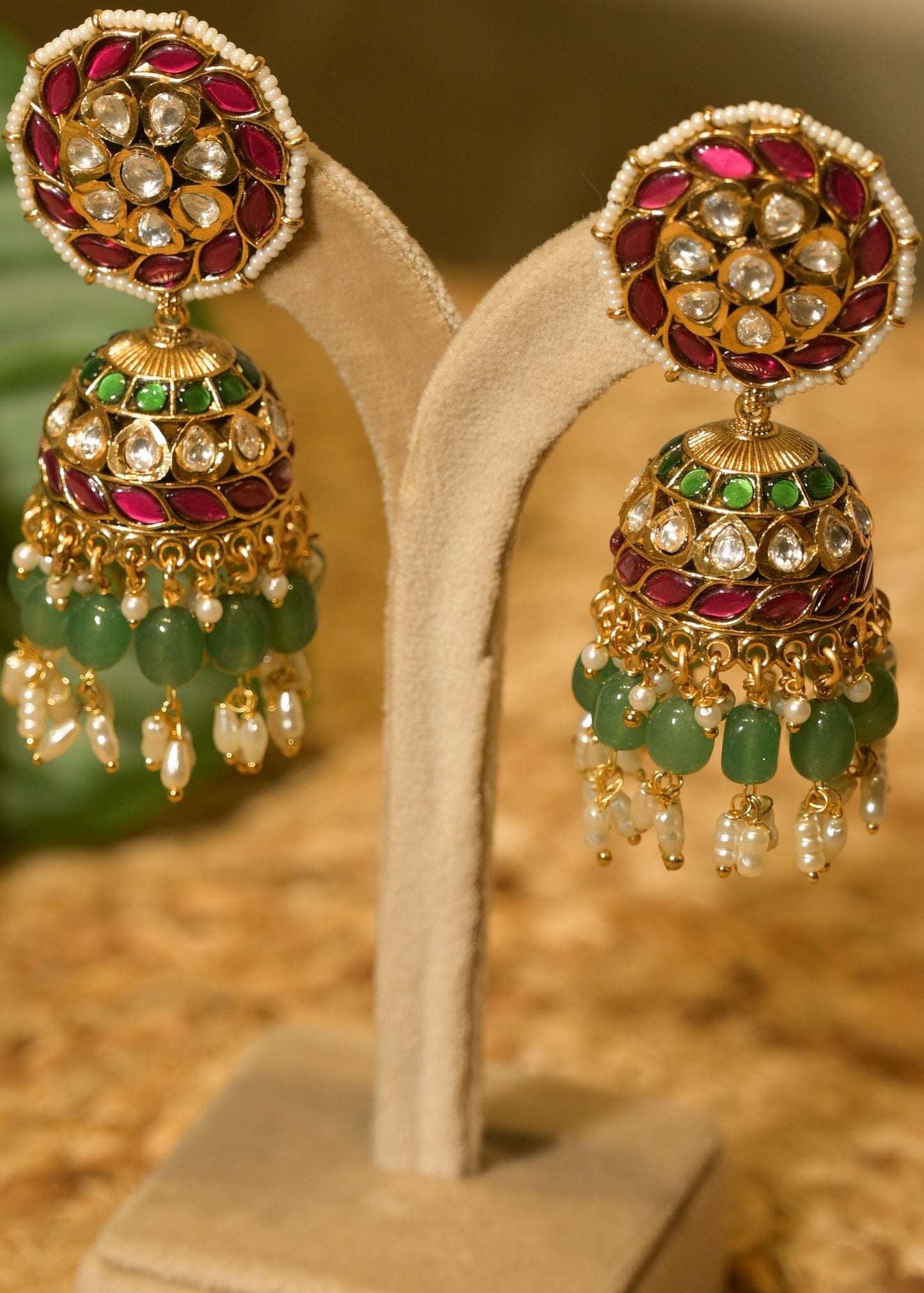 Antique Gold Kundan Jhumka with Ruby Pink Stones and Emerald Pearl Drops Earrings