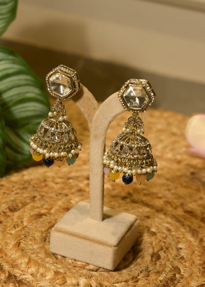 Multi Coloured Polki Jhumka with Tikka Set