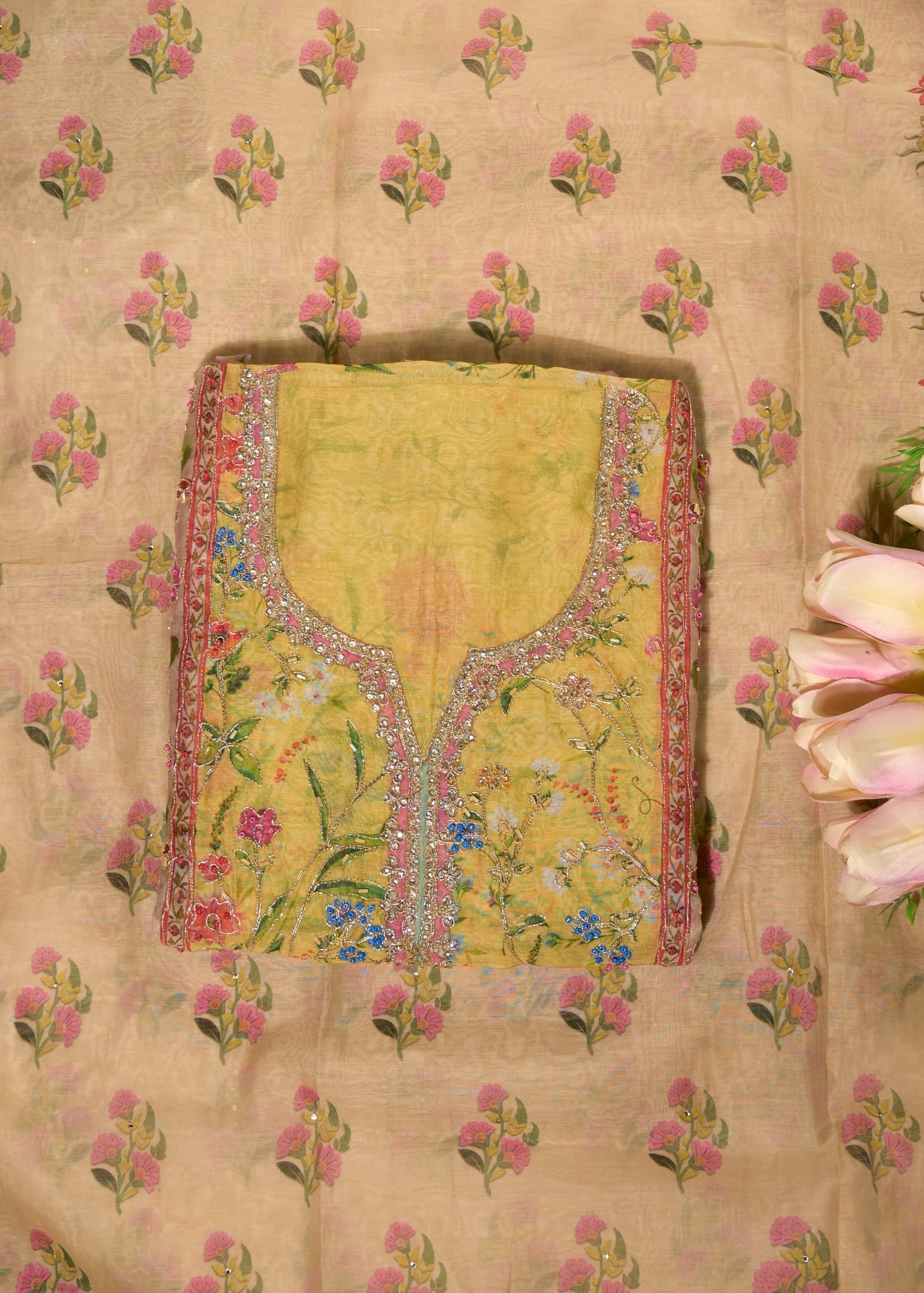 Gulnaar Yellow Cotton Floral Suit Set