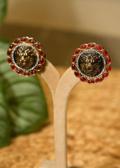 Crimson Red Lion Head Stud Earrings