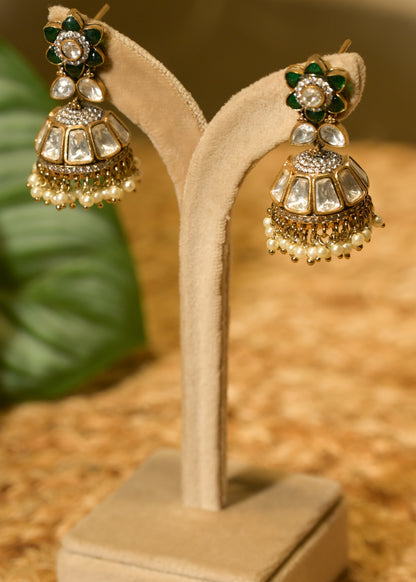 Green Small Mirror & Kundan Jhumka Earrings