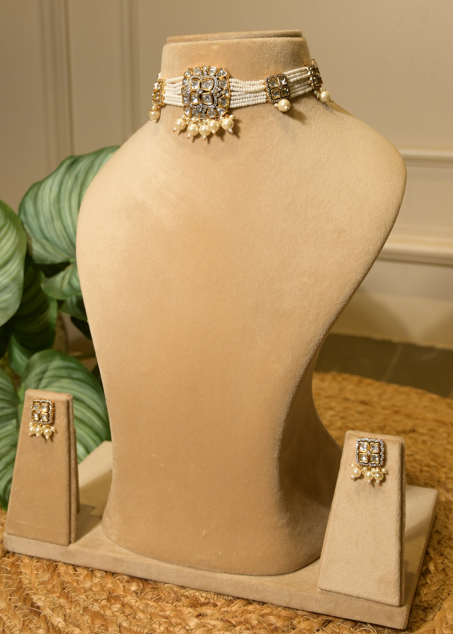Pearl White Stud & Polki Choker Set