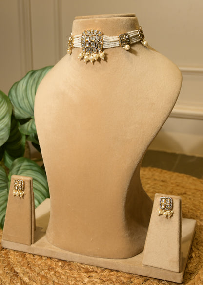 Pearl White Stud & Polki Choker Set