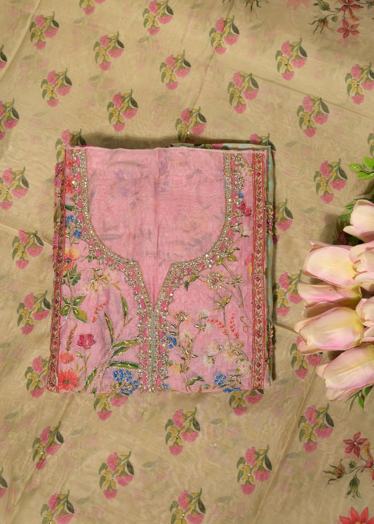 Gulnaar Pink Cotton Floral Suit Set