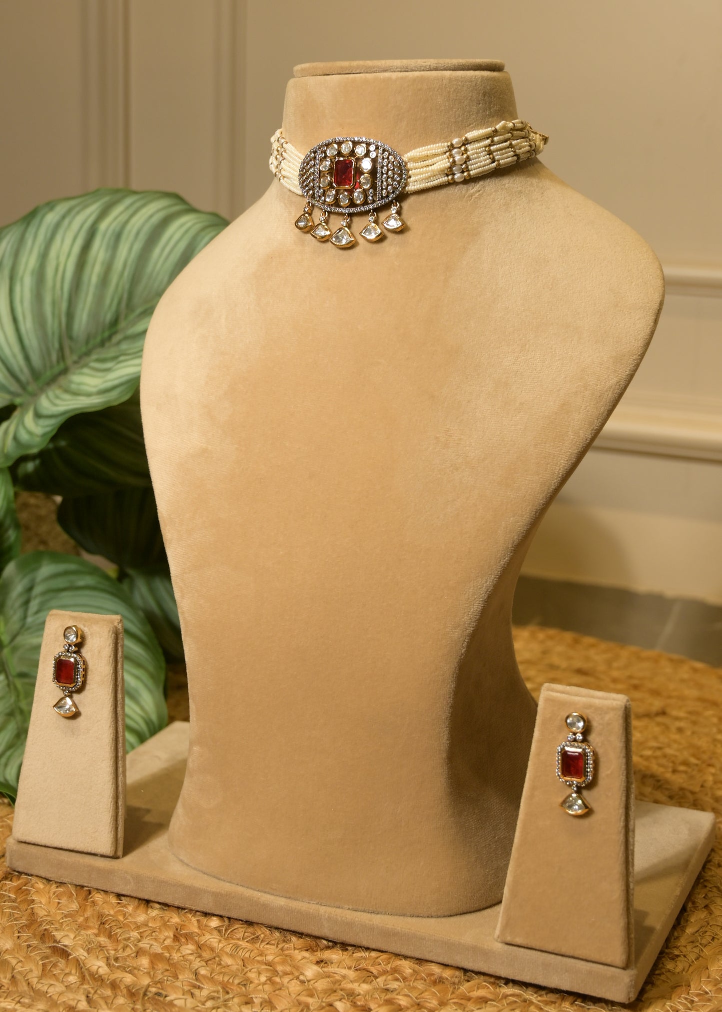 Ruby Red Pearl & Stud Choker Set
