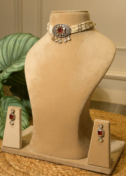 Ruby Red Pearl & Stud Choker Set