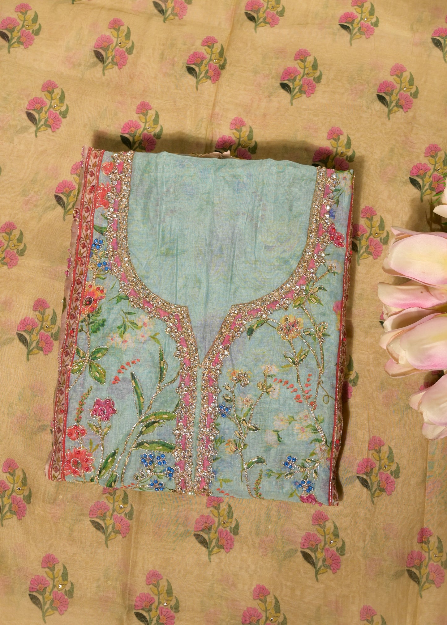 Gulnaar Blue Cotton Floral Suit Set