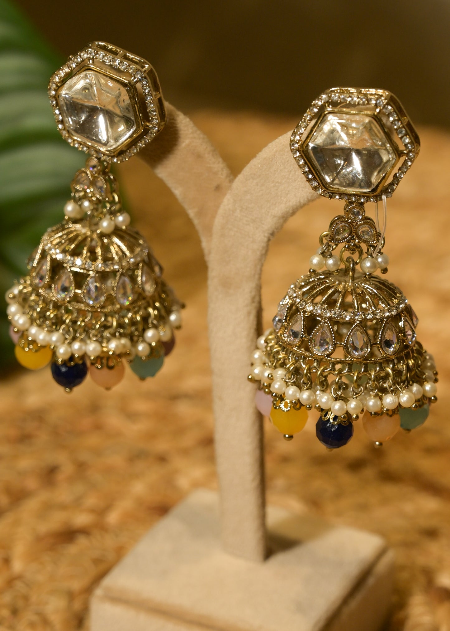 Multi Coloured Polki Jhumka with Tikka Set