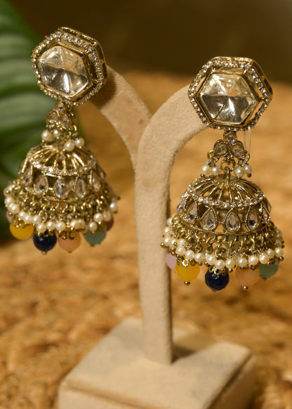 Multi Coloured Polki Jhumka with Tikka Set