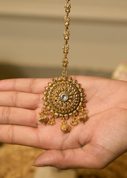 Gold Mandala Jhumkas with Tikka Set