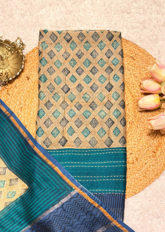 Barfi Blue Geometric Printed Unstitched Suit Set