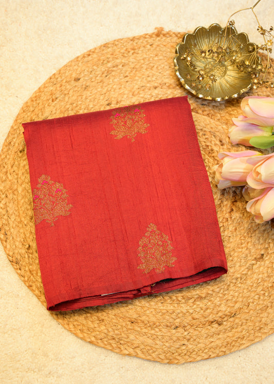 Ruby Red Raw Silk Neem Zari Boota Saree with Unstitched Blouse